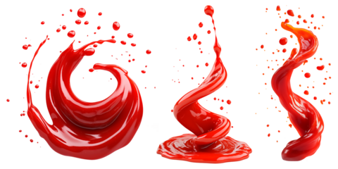 A set of Dynamic red liquid splash forming a spiral shape with scattered droplets, isolated on a transparent background. High-quality close-up, perfect for design elements, advertising.