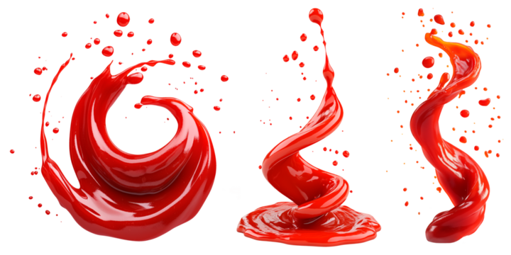 A set of Dynamic red liquid splash forming a spiral shape with scattered droplets, isolated on a transparent background. High-quality close-up, perfect for design elements, advertising.