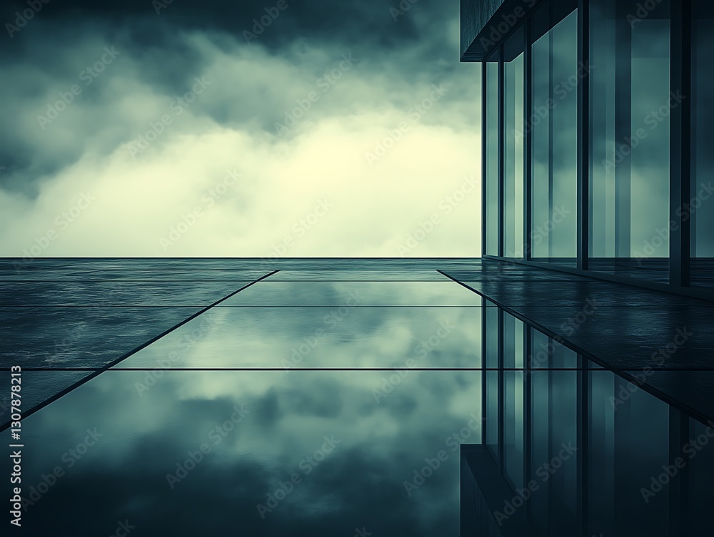 Poster modern architectural building with clouds reflection on the wet floor