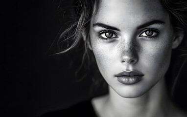 A striking monochrome portrait of a young woman, capturing the intensity and depth of her expression. The contrast highlights her features, creating an emotional visual impact.