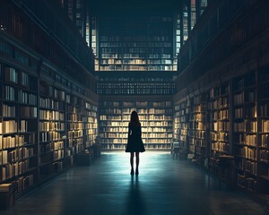 A solitary figure in a vast library setting.