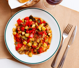 Stew with peppers, zucchini and zucchini in plate.Traditional Hungarian dish called lecho