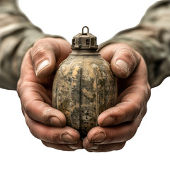 Fototapeta premium Soldier holding a hand grenade with a cautious grip in combat zone