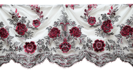 Elegant embroidered fabric with floral design and lace trim