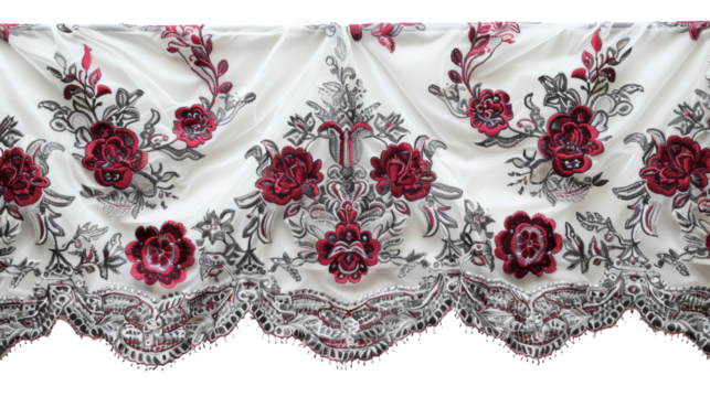 Elegant embroidered fabric with floral design and lace trim