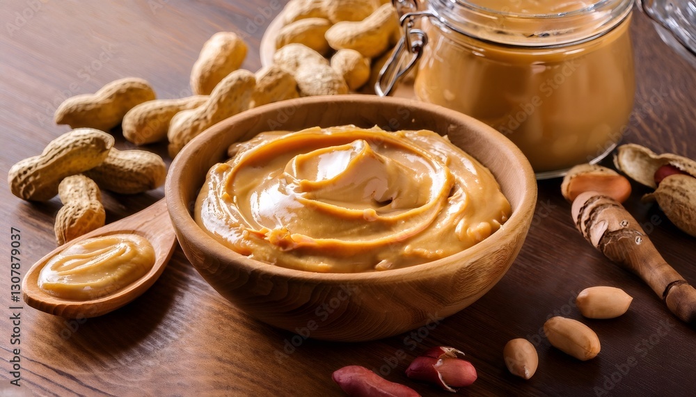 Poster smooth peanut butter in wooden bowl with peanuts in the shell and glass jar on rustic table is waiti