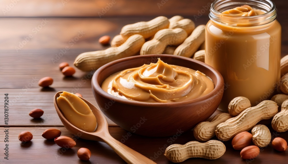 Aufkleber peanut butter in a bowl and wooden spoon with peanuts in shells on rustic wooden table representing 