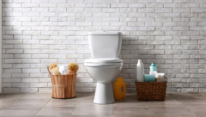 Interior of stylish bathroom with toilet bowl and cleaning supplies