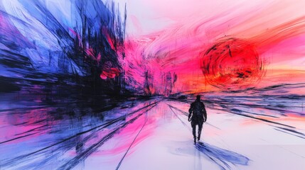 Fototapeta premium A lone figure walks towards a vibrant, abstract sunset. The colors are bold and the mood is contemplative.