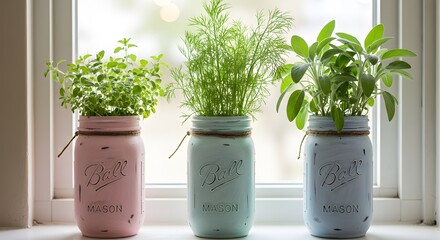 Charming rustic herbs planted in painted mason jars on windowsill sage dill home pink blue life decor