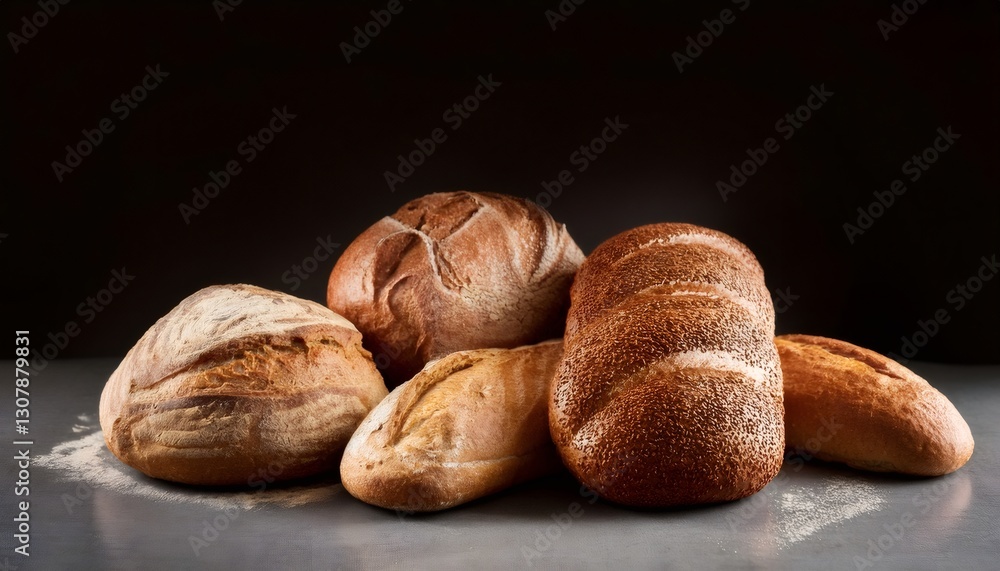 Poster rustic bread loaves displaying varied shapes, sizes, textures freshly baked and arranged on gray sur