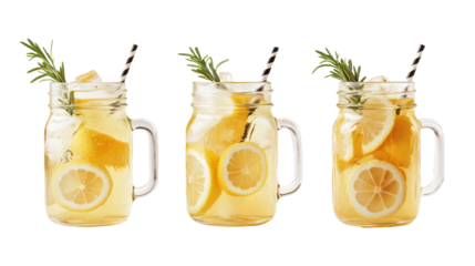 Refreshing lemon drinks served in mason jars with herbs
