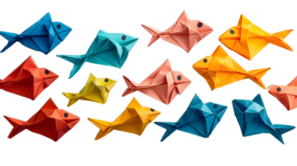 Colorful origami fish arranged in a whimsical pattern, highlighting creativity for april fool's day pranks