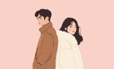 Obraz premium A man in a brown coat walking away, while an Asian woman in a white fur jacket turns her head back 