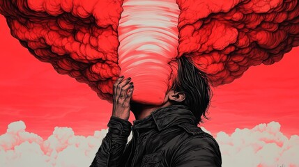 A young man's face is consumed by a swirling red cloud, a dramatic and surreal depiction of internal turmoil.