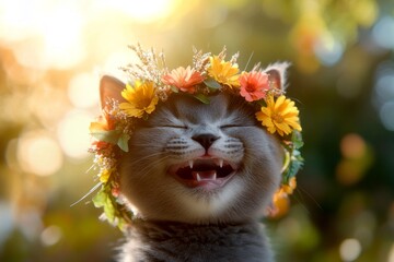 Vacation time happiness. Early sunshine. Cute baby cat russian blue wearing primal flower crown on its head. Sunlit happiness for pets. Outdoor exploration with a pet. Beautiful cat in bloom.