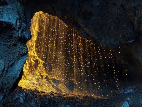 Mystical glowworms illuminate the interior of a dark subterranean cave