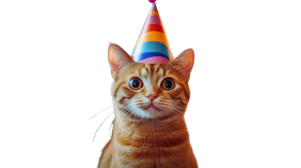 Adorable ginger cat wearing colorful party hat with bokeh lights in background, expressing mirth and joy on april fool's day concept