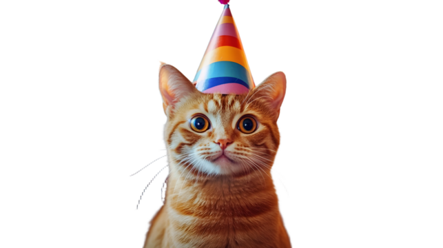 Adorable ginger cat wearing colorful party hat with bokeh lights in background, expressing mirth and joy on april fool's day concept