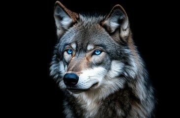 Obraz premium Majestic wolf portrait, blue eyes, dark background, wildlife photography