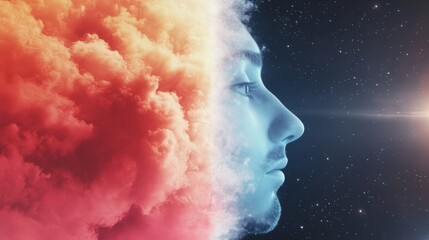 A surreal image of a man's face merging with a vibrant, colorful cloudscape, creating a dreamy and contemplative mood.