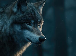 Fototapeta premium Majestic wolf portrait, twilight forest, winter, calm