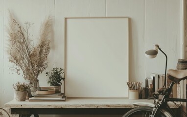 Blank poster mockup on wooden table with pampas grass, books, bicycle, and lamp.