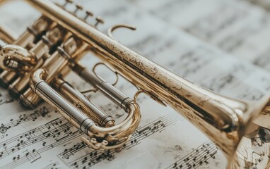Obraz premium Close-up of a golden trumpet resting on sheet music.