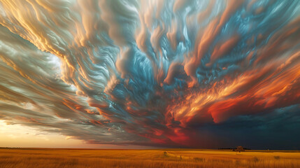 Fiery Sunset Sky Over Golden Wheat Field