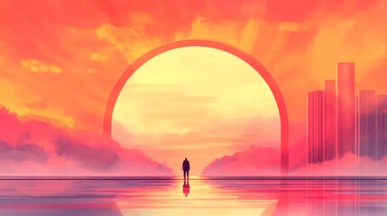 Fototapeta premium A lone figure stands silhouetted against a vibrant sunset, framed by a large archway. Warm, dreamy colors dominate the scene.