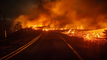 Obraz premium Lava Flow Engulfs Road at Night