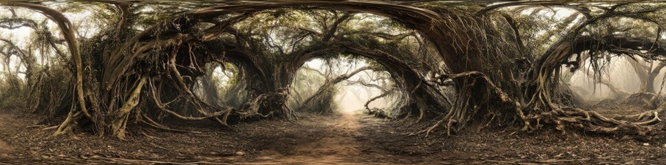 Fototapeta premium Panoramic photo of an ancient tree archway in the jungle, with winding vines and lush foliage reaching up to form the entrance way
