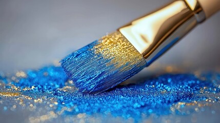 Fototapeta premium Blue and gold pigments applied with a brush on a speckled surface for artistic use