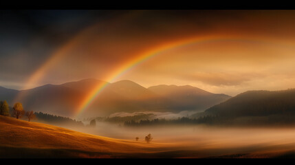 A stunning double rainbow over a misty valley at twilight