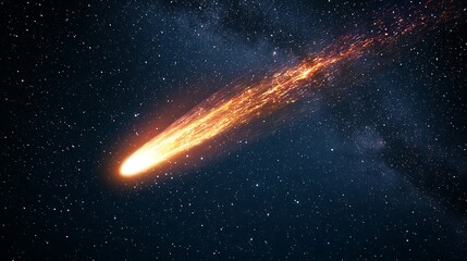Fiery Meteor Streaking Across Starry Night Sky