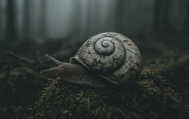 Snail in foggy forest, close-up.