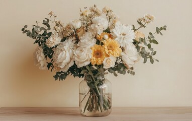 Elegant cream and yellow flower bouquet in a clear glass vase on a wooden table against a beige background.