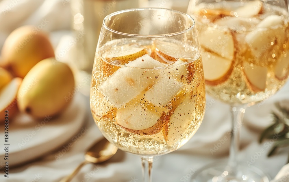 Poster two glasses of sparkling pear cider with fresh pear slices, sunlight.