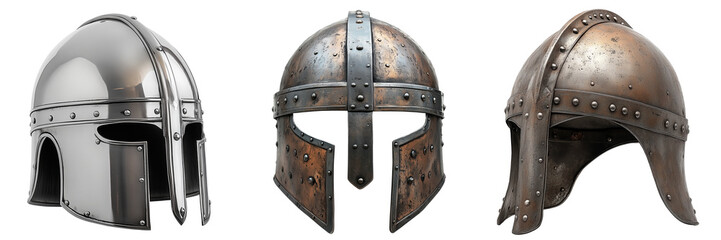 A set of Medieval Viking helmets isolated on a transparent background. Aged metal battle helmet with riveted steel plates and protective cheek guards.