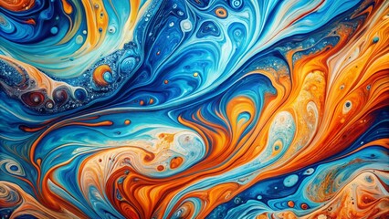 Abstract Blue Orange Marble Texture: Fluid Acrylic Paint Art Panoramic Wallpaper Background