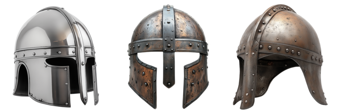 A set of Medieval Viking helmets isolated on a transparent background. Aged metal battle helmet with riveted steel plates and protective cheek guards.