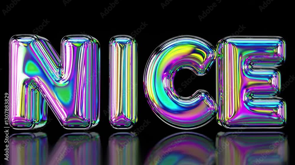 Poster colorful 3d text 'nice' with iridescent texture on a reflective surface. eye-level angle, perfect fo