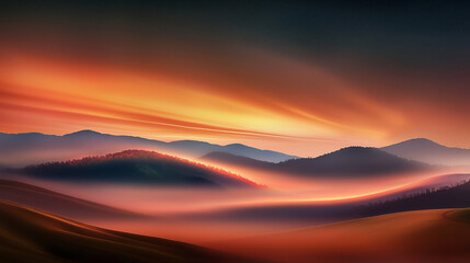 Fototapeta premium Enchanting sunset with vibrant double rainbow over misty valley