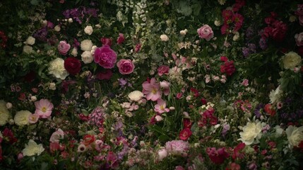 Floral wall display, vibrant colorful flowers, decorative background, possible use in home decor or advertising