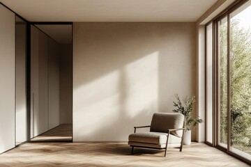 Fototapeta premium Modern armchair in sunlit minimalist room, design interior, hardwood floor, large window, green plants