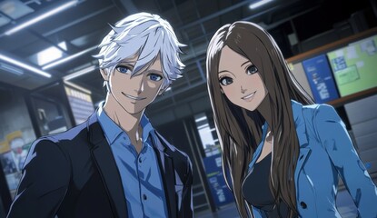  A white-haired man in a black suit and blue shirt, and a girl in a light blue blazer, standing together and smiling at the camera, exuding a professional and joyful vibe.