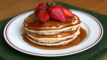 Breakfast bliss pancakes topped with strawberries and syrup in a cozy kitchen