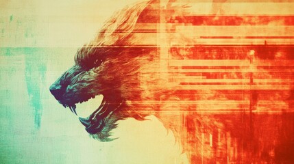 Fierce wolf profile in warm hues, grunge art style.