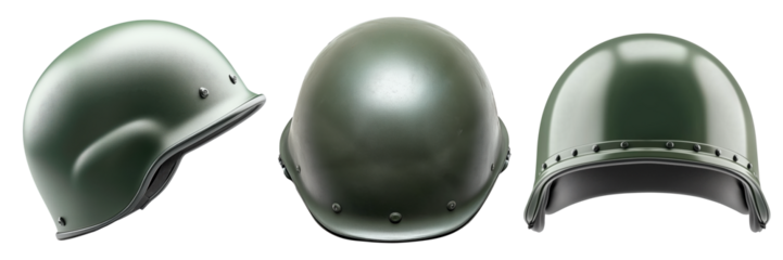 A set of Military helmet in matte green color, isolated on a transparent background. Protective combat helmet with minimalistic design, suitable for army, tactical gear, and safety equipment projects.