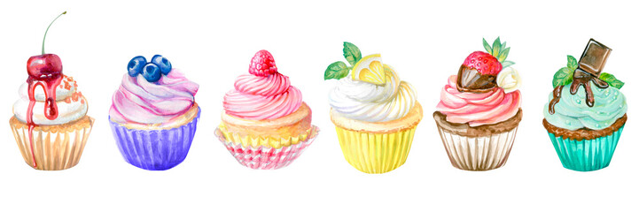 Set of illustrations of cupcakes. Drawing of desserts, candy bar
